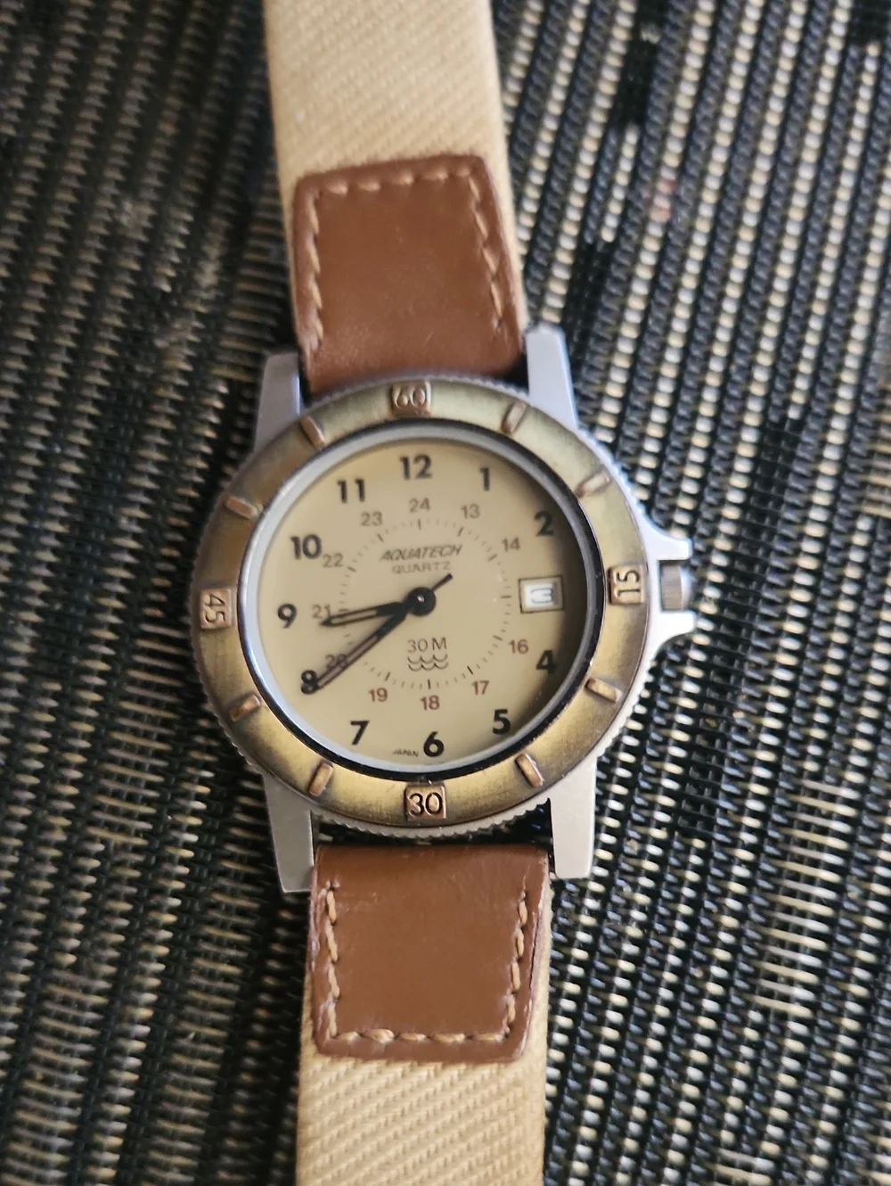 AQUATECH Beige Dial Brown Leather Strap Men's Quartz Watch
